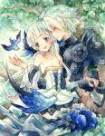  1boy 1girl armor bird blue_eyes breasts choker cleavage collarbone couple dress feathered_wings feathers gloves gwendolyn hand_holding leaf long_hair looking_at_another nesu_(nsm888) odin_sphere open_mouth oswald red_eyes short_hair sitting sitting_on_lap sitting_on_person smile tree white_hair wings 