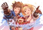  1boy 1girl anniversary apple arm_up blonde_hair bob_cut breastplate breasts brown_eyes brown_hair cleavage djeeta_(granblue_fantasy) dragon fighter_(granblue_fantasy) food fruit gauntlets gran_(granblue_fantasy) granblue_fantasy hairband highres minaba_hideo official_art one_eye_closed short_hair simple_background smile upper_body vee_(granblue_fantasy) white_background 