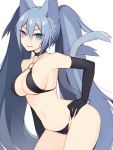  1girl :d animal_ears aqua_eyes armpits bangs bare_shoulders bikini black_bikini black_choker black_gloves breasts cat_ears cat_girl cat_tail character_request choker claws cleavage collarbone cowboy_shot elbow_gloves eyebrows eyebrows_visible_through_hair eyelashes eyes_visible_through_hair fang fingernails gloves grey_eyes grey_hair hair_between_eyes hair_ornament halterneck hand_on_hip heterochromia large_breasts leaning_forward long_fingernails long_hair looking_at_viewer multiple_tails muryou navel nekomata o-ring_bikini open_mouth original parted_bangs phantasy_star phantasy_star_online_2 sharp_fingernails sideboob simple_background smile solo standing stomach strap_gap string_bikini swimsuit tail thick_eyebrows thighs thong_bikini twintails two_tails very_long_hair white_background x_hair_ornament 