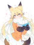  1girl animal_ears bangs baozi black_gloves blonde_hair bow buttons covered_mouth eyebrows_visible_through_hair ezo_red_fox_(kemono_friends) food fox_ears fox_tail fur_trim gloves hair_between_eyes hands_up highres holding jacket kemono_friends long_hair long_sleeves orange_hair orange_jacket orange_legwear pleated_skirt pocket ronopu scarf simple_background skirt solo standing tail upper_body very_long_hair white_bow white_scarf white_skirt yellow_eyes 