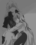  2girls blood blood_from_mouth cropped_jacket fingerless_gloves gloves greyscale highres hug long_hair looking_at_viewer monochrome multiple_girls neo_(rwby) pants rwby shaded_face tight tight_pants tl waist_cape waist_hug yang_xiao_long 