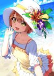  1girl :d absurdres beach blue_sky brown_hair clouds flower frilled_skirt frilled_sleeves frills hat hat_flower hat_leaf hat_ribbon highres hoshizora_rin looking_at_viewer love_live! ocean okarin_(tennisofoka) open_mouth orange_flower outdoors pink_flower purple_flower ribbon shaded_face shirt short_hair short_sleeves skirt sky smile solo spaghetti_strap white_hat white_shirt white_skirt yellow_eyes yellow_ribbon 