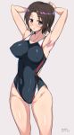  1girl armpits arms_behind_head arms_up black_swimsuit blush breasts brown_eyes brown_hair competition_swimsuit covered_navel cowboy_shot erect_nipples girls_und_panzer highres looking_at_viewer mordeth one-piece_swimsuit parted_lips sawa_azusa short_hair simple_background solo swimsuit white_background 