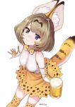  1girl alcohol alternate_costume animal_ears artist_name bare_shoulders blue_eyes blush bow bowtie brown_hair cat_ears cat_tail commentary_request cosplay elbow_gloves from_above gloves green_eyes heterochromia idolmaster idolmaster_cinderella_girls kemono_friends looking_at_viewer looking_up meto31 mole mole_under_eye serval_(kemono_friends) serval_(kemono_friends)_(cosplay) serval_ears serval_print serval_tail shirt short_hair skirt sleeveless smile solo tail takagaki_kaede 