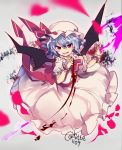 1girl ascot bat_wings blood blue_hair brooch dress fang hat hat_ribbon highres jewelry mob_cap pink_dress puffy_short_sleeves puffy_sleeves red_eyes remilia_scarlet ribbon rotte_(1109) short_hair short_sleeves smile solo touhou wings wrist_cuffs 
