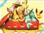  :&lt; :3 :d :p ^_^ ^o^ black_eyes blue_bow bow box brown_eyes closed_eyes closed_mouth diagonal_stripes eevee espeon flareon glaceon in_box in_container jitome jolteon leafeon looking_at_viewer no_humans open_mouth poke_ball_print pokemon pokemon_(creature) red_eyes scratching sitting sleeping smile solid_oval_eyes striped striped_background sylveon teardrop tongue tongue_out umbreon vaporeon violet_eyes 