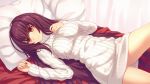  bed breasts fate/grand_order fate_(series) highres kaina_(tsubasakuronikuru) large_breasts long_hair looking_at_viewer lying pillow purple_hair red_eyes ribbed_sweater scathach_(fate/grand_order) smile sweater turtleneck turtleneck_sweater 