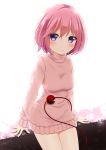  1girl :/ alternate_costume bangs bloom blush breasts closed_mouth cowboy_shot dress eyeball komeiji_satori medium_breasts pink_hair short_hair solo sweater sweater_dress third_eye touhou turtleneck turtleneck_sweater violet_eyes yuuforia 