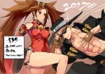  1boy 1girl 2017 abs blonde_hair breasts brown_eyes brown_hair china_dress chinese_clothes detached_sleeves dress fingerless_gloves gloves guilty_gear guilty_gear_xrd hair_rings hat highres impossible_clothes impossible_dress johnny_(guilty_gear) kenshin187 kuradoberi_jam leg_up legs long_hair medium_breasts red_dress shirtless sunglasses sweat very_long_hair 