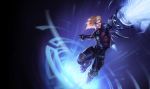  1boy arm_cannon blonde_hair boots clenched_hand cybernetic_eye cyborg ezreal league_of_legends official_art pulsefire_ezreal solo vest weapon 