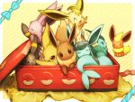  :&lt; :3 :d :p ^_^ ^o^ black_eyes blue_bow bow box brown_eyes closed_eyes closed_mouth diagonal_stripes eevee espeon flareon fuchsia glaceon highres in_box in_container jitome jolteon leafeon looking_at_viewer no_humans open_mouth poke_ball_print pokemon pokemon_(creature) red_eyes scratching sitting sleeping smile solid_oval_eyes striped striped_background sylveon teardrop tongue tongue_out umbreon vaporeon violet_eyes 