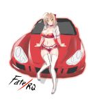  1girl ahoge arm_support belt blonde_hair blush boots bow breasts bustier car choker cleavage fate/extra fate_(series) full_body green_eyes ground_vehicle hair_bow hair_intakes highres large_breasts looking_at_viewer motor_vehicle navel racequeen red_shorts saber_extra short_hair short_shorts shorts sitting smile thigh-highs thigh_boots wing_(wingxx01w) zipper 