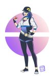  1girl 2016 absurdres artist_name b-on-d baseball_cap blue_hair female_protagonist_(pokemon_go) fingerless_gloves full_body gloves hat highres leggings long_hair orange_eyes poke_ball pokemon pokemon_go ponytail solo teeth white_background 