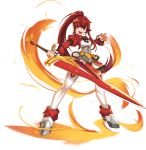  1girl absurdres armor armored_boots boots claymore_(sword) elesis_(elsword) elsword fire full_body high_ponytail highres holding holding_sword holding_weapon long_hair looking_at_viewer official_art open_mouth red_eyes redhead ress solo sword thigh-highs transparent_background weapon white_legwear 