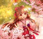  1girl blush bow brown_eyes brown_hair cherry_blossoms hair_bow hakama idolmaster idolmaster_cinderella_girls idolmaster_cinderella_girls_starlight_stage japanese_clothes long_hair looking_at_viewer open_mouth ponytail sally_(pacch0614) solo very_long_hair yorita_yoshino 