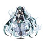  1girl absurdly_long_hair alpha_transparency bare_shoulders barefoot black_legwear blue_eyes blue_hair breasts detached_sleeves divine_gate floating_hair floating_necktie full_body grey_necktie hair_between_eyes hatsune_miku headphones headphones_around_neck long_hair looking_at_viewer medium_breasts miku_append navel necktie official_art shadow solo thigh-highs toeless_legwear transparent_background ucmm very_long_hair vocaloid vocaloid_append 