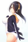  1girl ass black_hair blush breasts brown_eyes emperor_penguin_(kemono_friends) hair_over_one_eye headphones kemono_friends kirimoti34 large_breasts leotard long_hair looking_at_viewer multicolored_hair simple_background solo thigh-highs white_background white_legwear white_leotard 