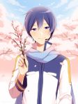  1boy blue_eyes blue_hair blue_nails blush branch cherry_blossoms flower kaito long_coat long_sleeves male_focus nail_polish nokuhashi outdoors petals scarf short_hair sky smile solo tree vocaloid 
