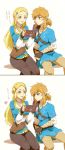  1boy 1girl blonde_hair blue_eyes blush breasts couple gloves hair_ornament highres link long_hair pointy_ears ponytail princess_zelda saiba_(henrietta) smile the_legend_of_zelda the_legend_of_zelda:_breath_of_the_wild translation_request white_background 