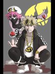  1boy 1girl ashido_mina bakugou_katsuki bandana_over_mouth bandanna bare_shoulders black_sclera boku_no_hero_academia breasts chain_necklace clenched_teeth cosplay frown full_body grey_background guzma_(pokemon) guzma_(pokemon)_(cosplay) holding holding_poke_ball hood horns jacket jewelry leaning_forward looking_at_viewer necklace open_clothes outstretched_arm pants pink_hair pink_skin poke_ball pokemon pokemon_(game) pokemon_sm sharp_teeth shirt shoes short_hair short_sleeves shorts silver_hair simple_background skull_necklace sleeveless spiky_hair squatting standing sunglasses sunglasses_on_head tank_top team_skull team_skull_(cosplay) team_skull_grunt team_skull_grunt_(cosplay) teeth tossing track_jacket track_pants watch white_shirt wristband yellow_eyes 
