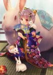  1girl absurdres animal animal_on_shoulder blue_ribbon bow fan fukahire_sanba hair_bow hair_ribbon highres holding holding_fan japanese_clothes kimono kneeling looking_at_viewer original rabbit red_eyes ribbon sash short_hair silver_hair solo yukata 