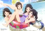  4girls absurdres arms_up artist_request ball barefoot beach beachball bikini blush bow braid breasts brown_eyes clouds crossed_arms feet green_eyes hibike!_euphonium highres innertube leg_up looking_at_another multiple_girls nakaseko_kaori official_art ogasawara_haruka one_eye_closed open_mouth ponytail purple_bikini purple_bow saitou_aoi scan short_hair sky striped striped_swimsuit swimsuit tanaka_asuka toes twintails water wet 