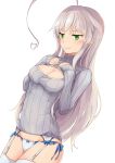  1girl ahoge blush bow bow_panties breasts closed_mouth eyebrows_visible_through_hair from_side garter_straps green_eyes grey_hair grey_sweater groin haiyore!_nyaruko-san hands_on_own_chest heart highres huge_ahoge long_hair medium_breasts meme_attire nyarlathotep_(nyaruko-san) open-chest_sweater panties powhway ribbed_sweater simple_background sleeves_past_wrists smile solo sweater thigh-highs underwear very_long_hair white_background white_legwear white_panties 