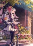  1girl animal_ears bare_shoulders bow cat_ears dress flower hair_bow hair_ornament hat holding kanekiru long_hair looking_at_viewer open_mouth red_eyes short_hair skirt smile solo thigh-highs very_long_hair white_hair 