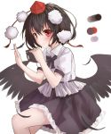  &gt;:) 1girl black_bow black_bowtie black_hair black_skirt black_wings blush bow bowtie camera collared_shirt cowboy_shot feathered_wings feathers frilled_skirt frills hat highres lo-ta looking_at_viewer pom_pom_(clothes) puffy_short_sleeves puffy_sleeves red_eyes red_hat shameimaru_aya shirt short_hair short_sleeves skirt smile solo tokin_hat touhou white_background white_shirt wings 