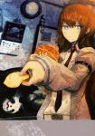  1girl absurdres blue_eyes brown_hair brown_jacket eating highres holding huge_filesize huke indoors jacket long_hair looking_at_viewer makise_kurisu necktie official_art open_clothes open_jacket red_necktie shirt solo steins;gate upper_body white_shirt 