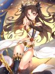  1girl armlet asymmetrical_legwear asymmetrical_sleeves bare_shoulders black_hair blush bridal_gauntlets crown earrings elbow_gloves fate/grand_order fate_(series) gloves hair_ribbon hoop_earrings ishtar_(fate/grand_order) jewelry long_hair looking_at_viewer neck_ring pelvic_curtain pointing pointing_at_viewer red_eyes ribbon single_elbow_glove single_thighhigh smile solo thigh-highs tohsaka_rin toosaka_rin two_side_up untsue 