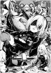  3boys 5girls adam_(nier_automata) anemone_(nier_automata) back back_cutout bare_shoulders bikini blindfold blindfold_removed blush breasts chopsticks cleavage closed_eyes commentary_request cutting_board dark_skin dress eating elbow_gloves emil_(nier) eve_(nier_automata) facing_viewer fish fishing_rod glass gloves greyscale hairband highres holding holding_sword holding_weapon long_hair mask mole mole_under_mouth monochrome multiple_boys multiple_girls nier_(series) nier_automata open_bikini open_clothes open_mouth operator_210 operator_60 parted_lips pascal_(nier_automata) pod_(nier_automata) polearm short_hair sweatdrop swimsuit sword syatey teeth thigh-highs topless trident weapon x-ray yawning yorha_infantry_squad_commander yorha_no._2_type_b yorha_no._9_type_s yorha_type_a_no._2 