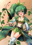  1girl ;o alcohol blush bottle bow bra breasts chisato_(missing_park) cleavage dagger fang flower_knight_girl green_bow green_bra green_eyes green_hair green_skirt hair_bow hop_(flower_knight_girl) jewelry long_hair medium_breasts necklace object_namesake one_eye_closed open_mouth orange_background plant shirt side_ponytail skirt solo thigh-highs underwear vines weapon white_legwear wine wine_bottle 