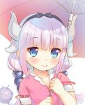  1girl 3: akiba_hideki blue_eyes dragon_girl dragon_horns dragon_tail hair_bobbles hair_ornament hairband holding horns kanna_kamui kobayashi-san_chi_no_maidragon lavender_hair long_hair looking_at_viewer low_twintails simple_background solo tail twintails umbrella white_background 