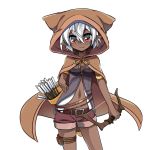  1girl armlet arrow bow_(weapon) cloak dark_skin highres holster hood hooded_cloak looking_at_viewer mole mole_under_eye navel original quiver red_eyes shirasu_youichi short_hair shorts silver_hair simple_background solo thigh_holster weapon 