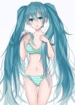  1girl :d aqua_eyes aqua_hair bikini blush breasts gluteal_fold groin hair_between_eyes hatsune_miku highres holding holding_hair horizontal_stripes medium_breasts nail_polish navel open_mouth smile solo striped striped_bikini swimsuit thigh_gap vocaloid white_background 