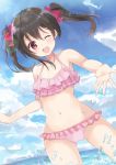  1girl bikini black_hair cowboy_shot frilled_bikini frills long_hair looking_at_viewer love_live! love_live!_school_idol_project nakata_(kanata_1_6) one_eye_closed pink_bikini red_eyes solo splashing standing swimsuit twintails yazawa_nico 