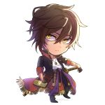  1boy brown_hair chibi coat commentary_request hair_between_eyes jewelry necklace non_(nonzile) ookurikara open_clothes open_coat pants sheath sheathed shirt shoes sleeves_rolled_up sword touken_ranbu twitter_username weapon white_background white_shirt yellow_eyes 