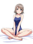  1girl barefoot bed_sheet between_legs blue_eyes blue_swimsuit blush breasts commentary_request competition_school_swimsuit covered_navel eyebrows_visible_through_hair grey_hair hand_between_legs indian_style looking_at_viewer love_live! love_live!_sunshine!! one-piece_swimsuit short_hair sitting smile solo swimsuit watanabe_you white_background yopparai_oni 