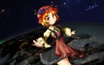  1girl aki_minoriko aurora earth flying looking_at_viewer outstretched_hand planet solo space star_(sky) touhou u-eruto 