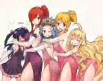  ass blonde_hair blue_hair blush breasts closed_eyes dress erza_scarlet fairy_tail flat_chest gloves hair_over_one_eye hug large_breasts levy_mcgarden long_hair looking_at_viewer lucy_heartfilia mavis_vermilion multiple_girls one_eye_closed ponytail redhead rusky short_hair sideboob simple_background smile tiara wendy_marvell 