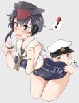  ! 1boy 1girl admiral_(kantai_collection) aoi_renji ass ass_grab asymmetrical_hair black_hair black_swimsuit blush brown_eyes character_name clothes_writing framed_breasts gloves grey_background hair_between_eyes hat headphones highres i-14_(kantai_collection) kantai_collection leaning_forward open_mouth partly_fingerless_gloves peaked_cap sailor_collar school_swimsuit short_hair single_glove spread_ass swimsuit 