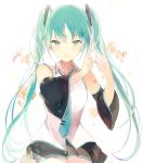  1girl bangs bare_shoulders body_writing collared_shirt detached_sleeves flower green_eyes green_hair green_necktie hair_ornament hands_up hatsune_miku headphones heart heart_hands kneeling long_hair looking_at_viewer lpip necktie number open_mouth pleated_skirt shirt simple_background skirt sleeveless sleeveless_shirt smile solo tie_clip twintails very_long_hair vocaloid white_background white_shirt wing_collar 