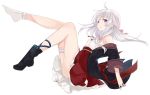  1girl ahoge azuuru_(azure0608) bangs black_boots boots bow character_request cross-laced_footwear floating hair_bow lace-up_boots lavender_hair open_mouth plantar_flexion single_boot single_shoe tagme violet_eyes white_background 