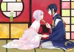  2boys black_hair blue_eyes eye_contact fan flower folding_fan hand_holding honebami_toushirou japanese_clothes looking_at_another male_focus mikazuki_munechika multiple_boys profile ritsu_(iqpi) rose sayagata seiza sitting smile touken_ranbu violet_eyes white_hair yaoi yellow_rose 