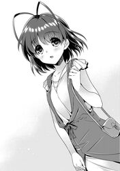  1girl antenna_hair bag casual clannad dress dutch_angle furukawa_nagisa handbag jewelry looking_at_viewer monochrome necklace open_mouth satomi_yoshitaka short_hair solo upper_body 