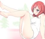  1girl absurdres ankoiri barefoot feet highres love_live! love_live!_school_idol_project nishikino_maki redhead school_uniform short_hair simple_background sitting swimsuit violet_eyes white_background white_school_uniform 