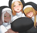  3girls :d black_dress blonde_hair blush breasts covered_eyes cross cross_necklace dress gomu_(chewinggom) green_eyes grey_hair habit hair_over_eyes huge_breasts jewelry latin_cross long_hair looking_at_viewer mole mole_under_eye multiple_girls necklace nun open_mouth original simple_background smile veil white_background 