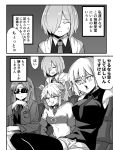  between_breasts braid breasts caster chewing_gum commentary_request fate/grand_order fate_(series) greyscale hair_over_one_eye jacket jeanne_alter long_hair monochrome multiple_girls navel necktie necktie_between_breasts ponytail ruler_(fate/apocrypha) saber_of_red shielder_(fate/grand_order) short_hair shorts sunglasses sweatdrop taichou_furyou thigh-highs translation_request 