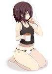  1girl :t baguette bare_legs bare_shoulders barefoot blush bread breasts brown_hair cleavage coffee eating food full_body highres mamuru medium_breasts no_pants original panties red_eyes seiza side-tie_panties simple_background sitting smile solo string_panties tank_top underwear white_background white_panties 